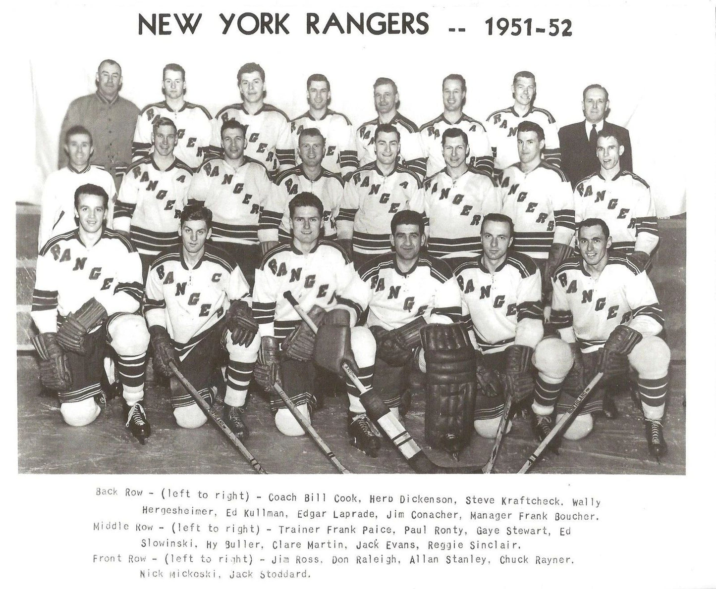 New York Rangers 1951 52 Team Ny Photo Hockey Nhl Picture Bw