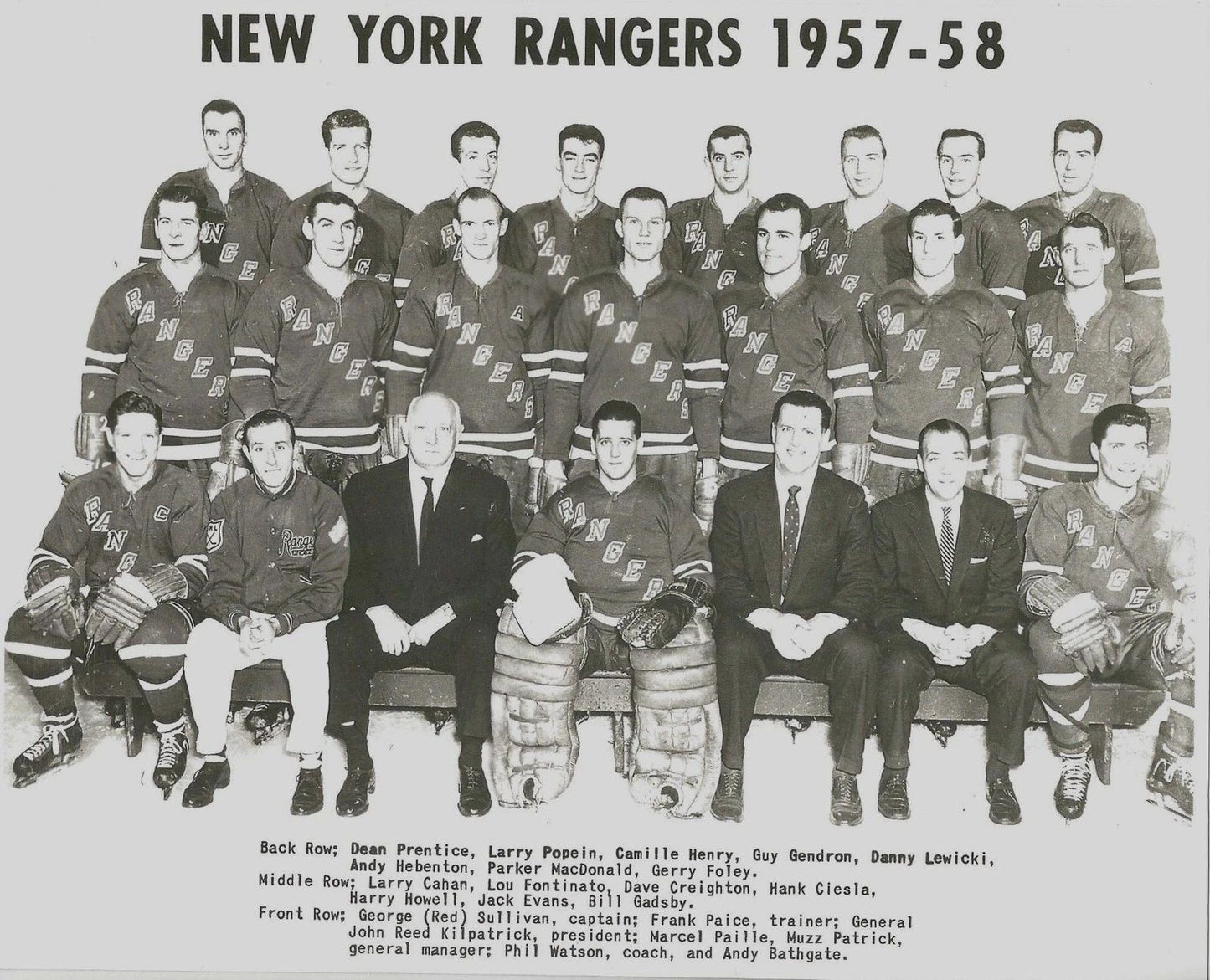 New York Rangers 1957 58 Team Ny Photo Hockey Nhl Picture