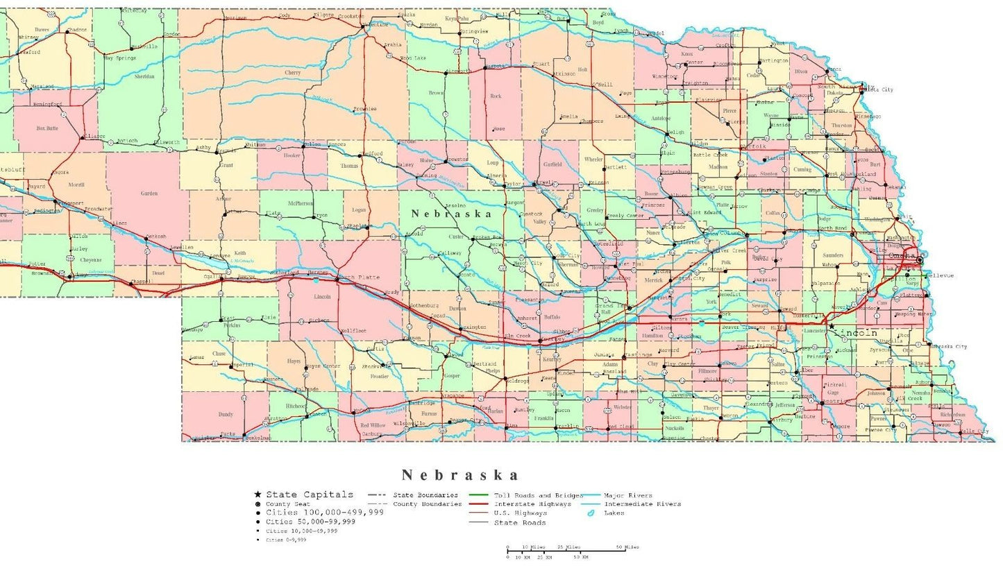 Nebraska State Road Map Picture Poster Photo Print City County Streets