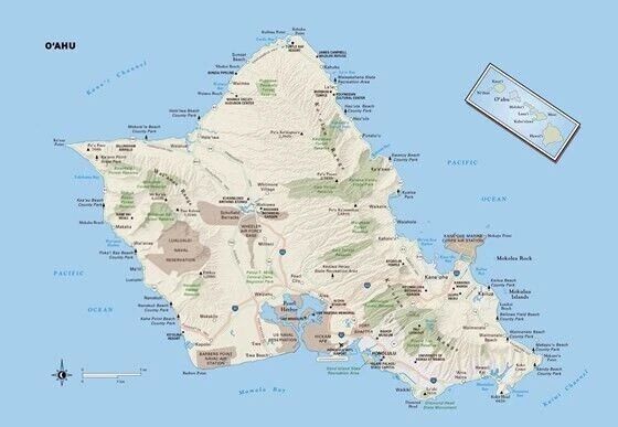 Oahu Island Hawaiian Island State & City Map Honolulu Picture Photo Poster