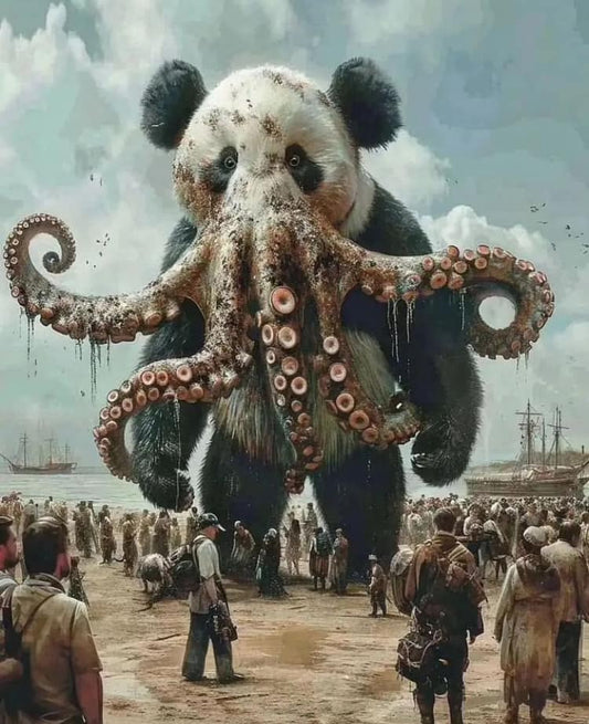 Panda Octopus Monster Beach Scene Print Poster