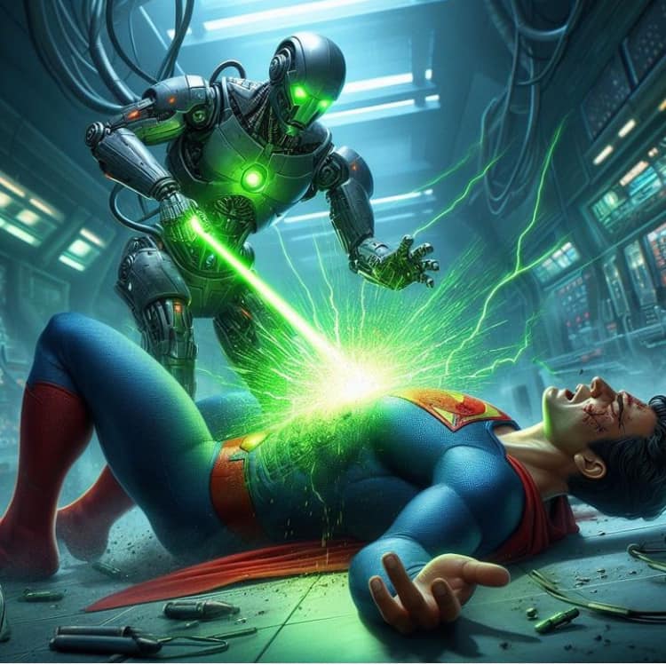 Robot Vs Superhero Battle Print Poster