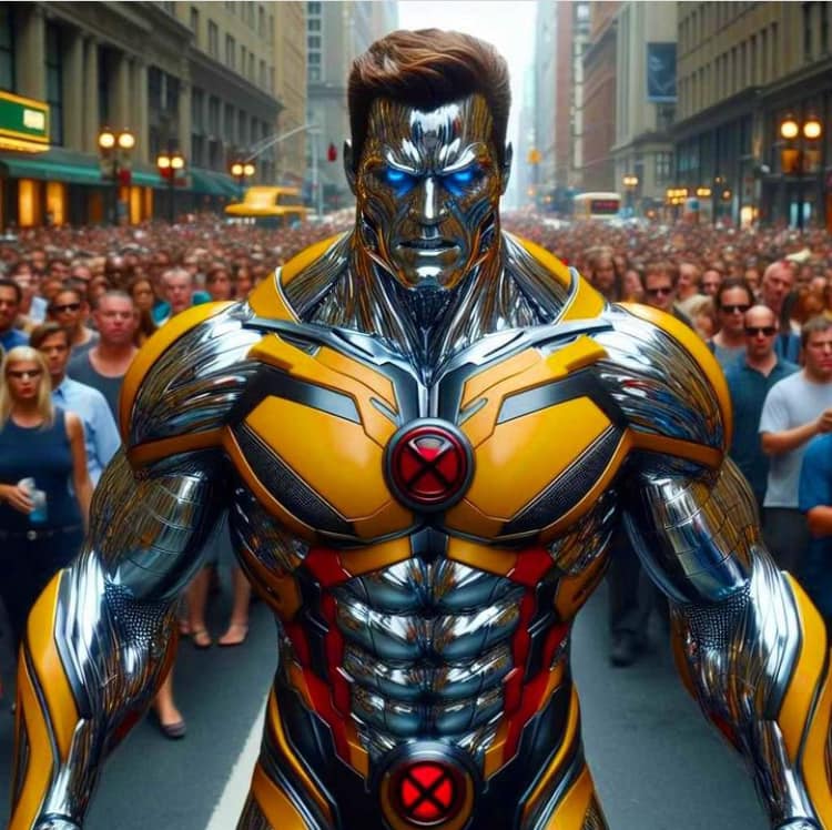 Robotic Superhero Crowd Scene Print Poster
