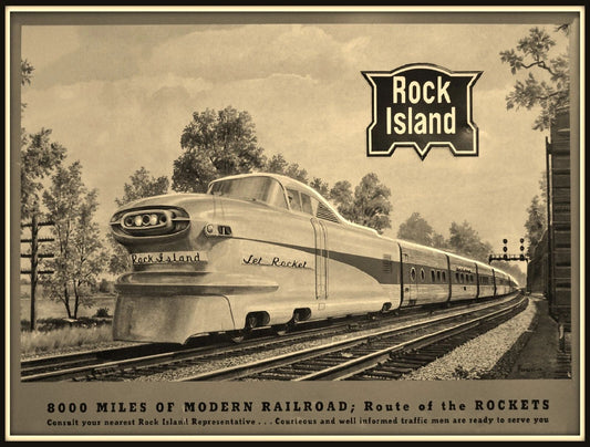 Rock Island Rocket Train Railroad Locomotive Retro Ad Sepia Picture Magnet