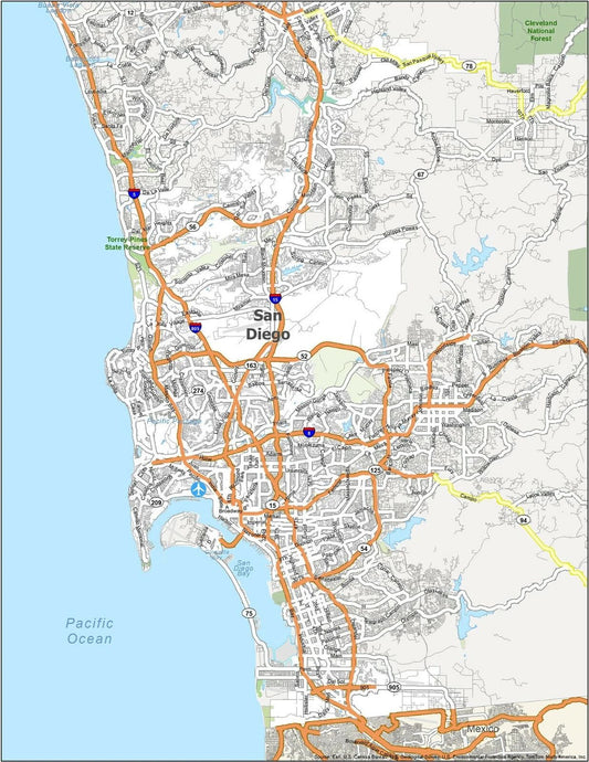 San Diego California Road Map Pacific Coast Poster Photo Picture Print