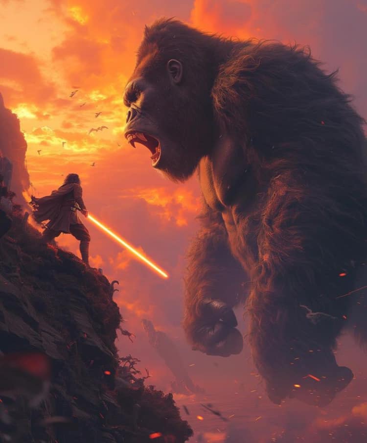 Sci Fi Battle Gorilla Vs Jedi Print Poster