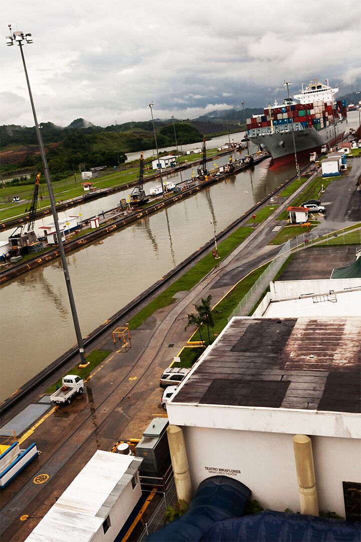 Ship In Miraflores Locks Fluvial Painting Print Jigsaw Puzzle