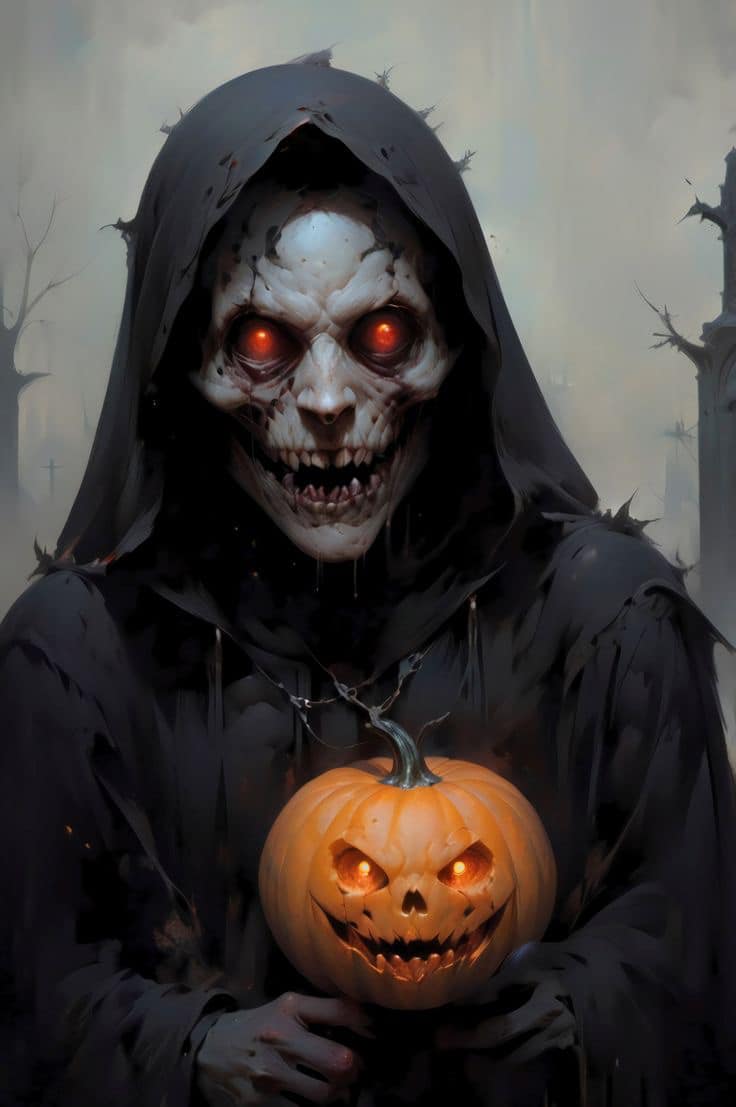 Skeletal Halloween Figure With Pumpkin Print Poster