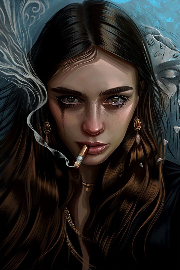 Smoking Beautiful Girl Cartoon Painting Print Jigsaw Puzzle