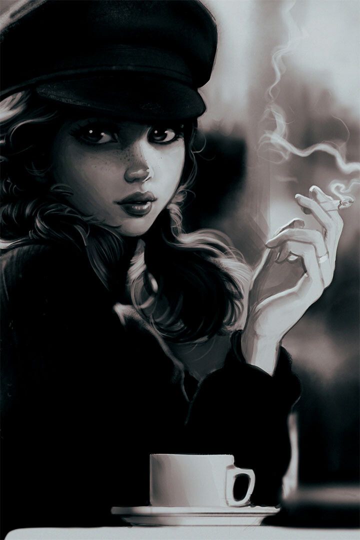 Smoking Girl Black And White Vintage Painting Print Jigsaw Puzzle