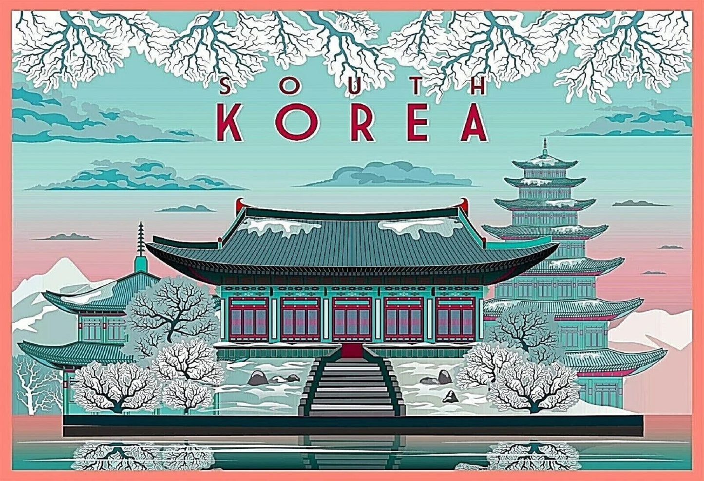 South Korea In Winter Korean Retro Asia Travel Ad Art Deco Magnet