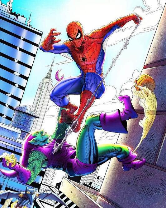 Spider Man Battling Green Goblin Cityscape Print Poster