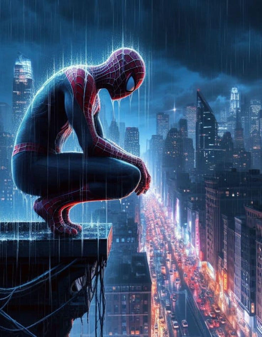 Spider Man City Night Rain Print Poster