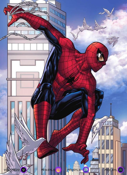 Spider Man Cityscape Dynamic Pose Print Poster