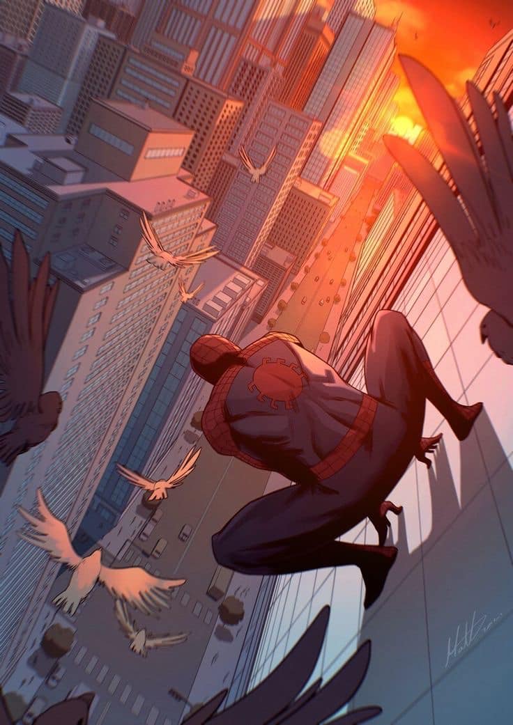 Spider Man Cityscape Sunset Print Poster