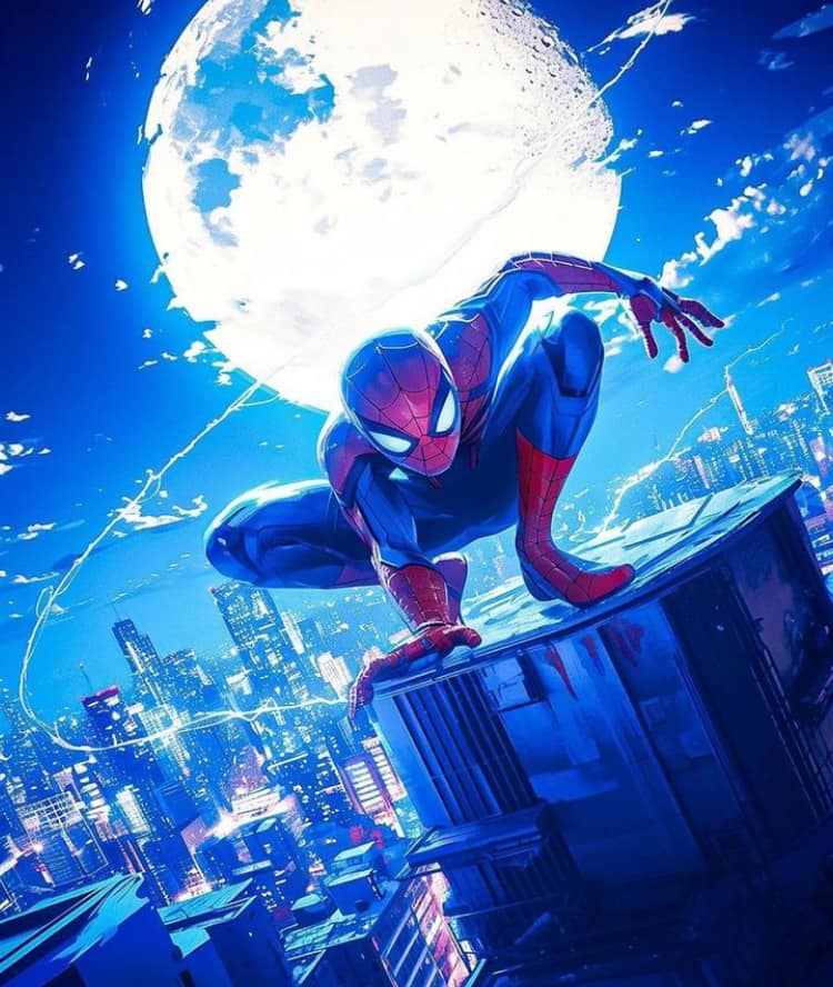 Spider Man Crouching Moonlit Cityscape Print Poster