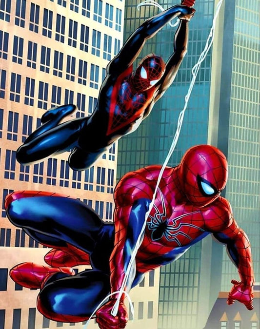 Spider Man Duo Swinging Cityscape Print Poster