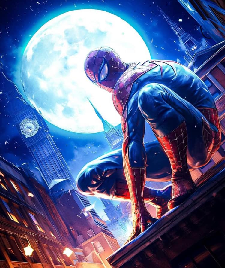 Spider Man Night Scene Urban Moonlight Print Poster