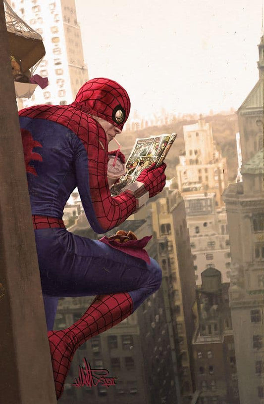 Spider Man Reading Comic Cityscape Print Poster