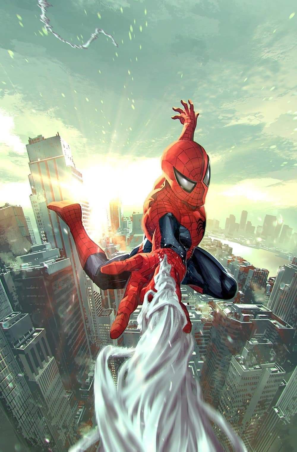Spider Man Swinging Cityscape Print Poster