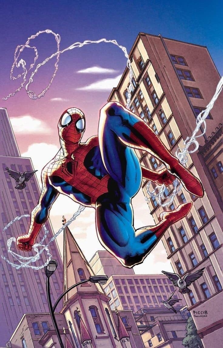 Spider Man Swinging In Cityscape Print Poster