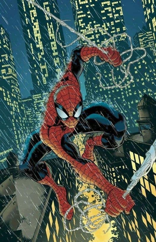 Spider Man Swinging Night Cityscape Print Poster