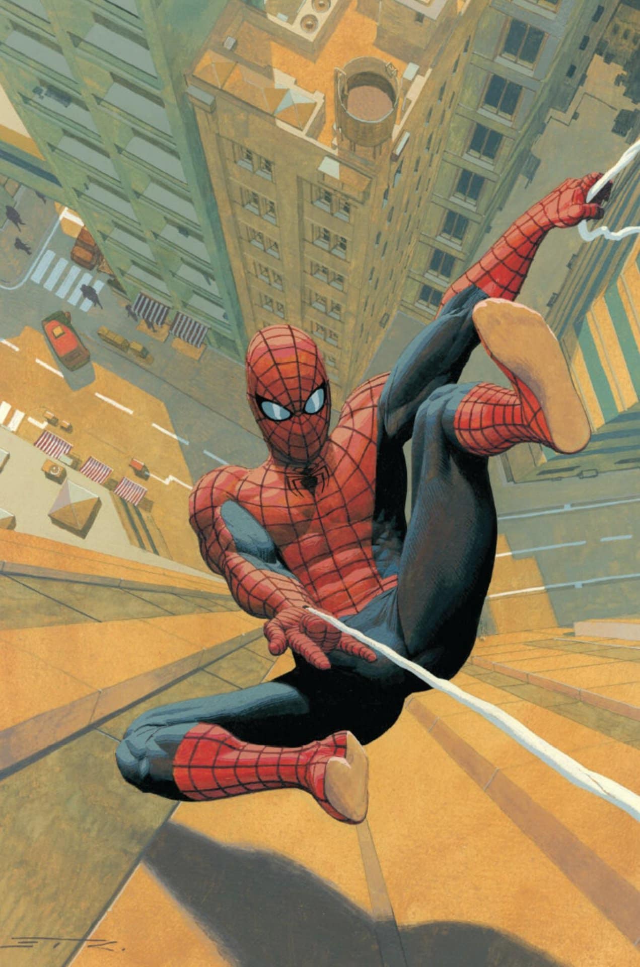 Spider Man Swinging Over Cityscape Print Poster