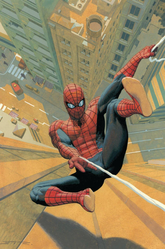 Spider Man Swinging Over Cityscape Print Poster