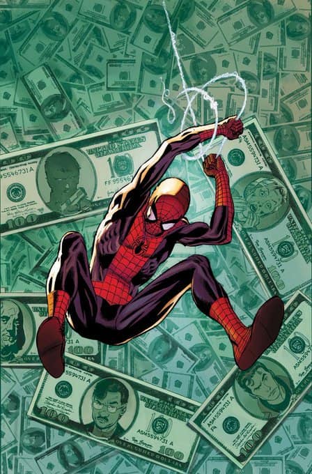 Spider Man Swinging Over Money Print Poster