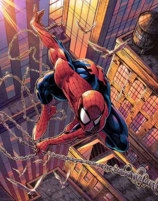 Spider Man Swinging Sunset Cityscape Print Poster
