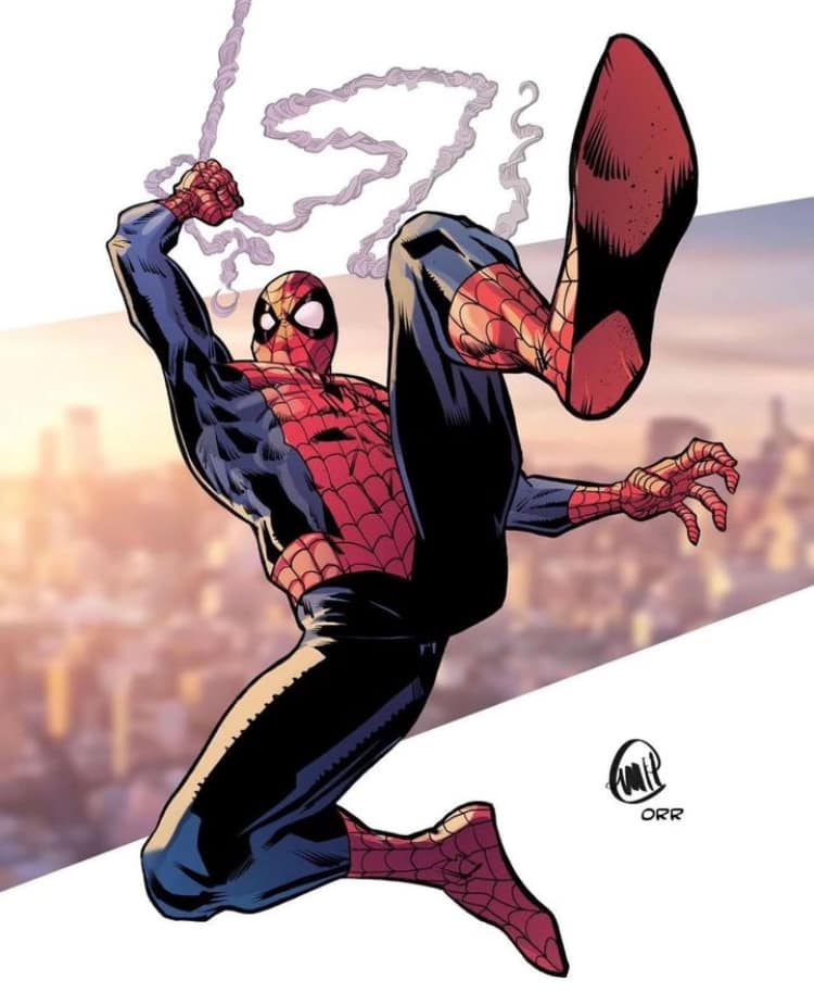 Spider Man Swinging Urban Background Print Poster