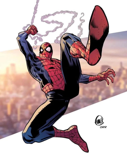 Spider Man Swinging Urban Background Print Poster