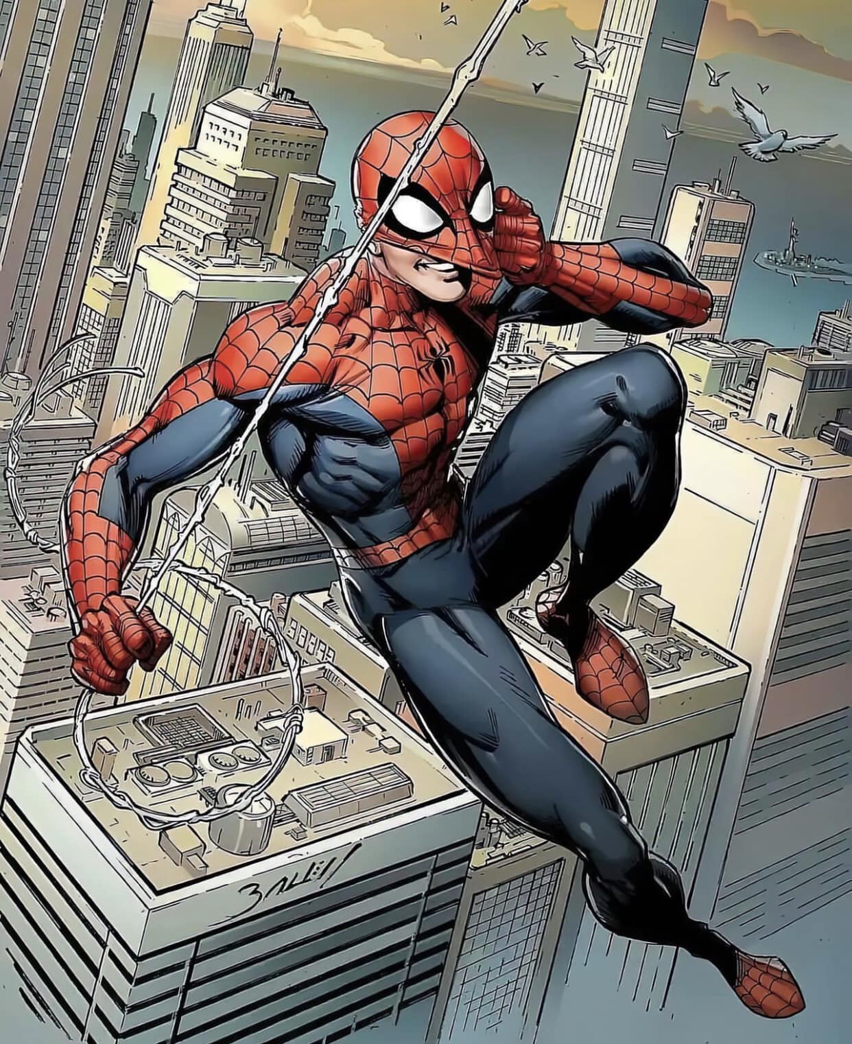 Spider Man Swinging Urban Skyline Print Poster
