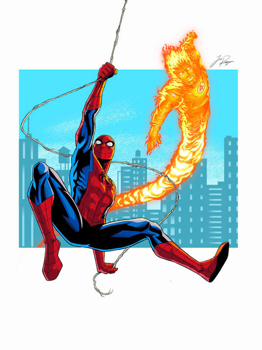 Spider Man Vs Human Torch Action Shot Print Poster