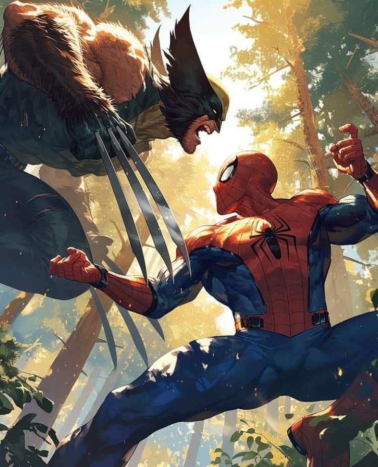 Spider Man Vs Wolverine Forest Battle Print Poster