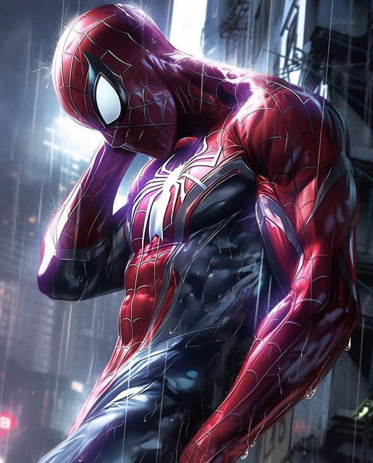 Spiderman Action Rainy Cityscape Print Poster
