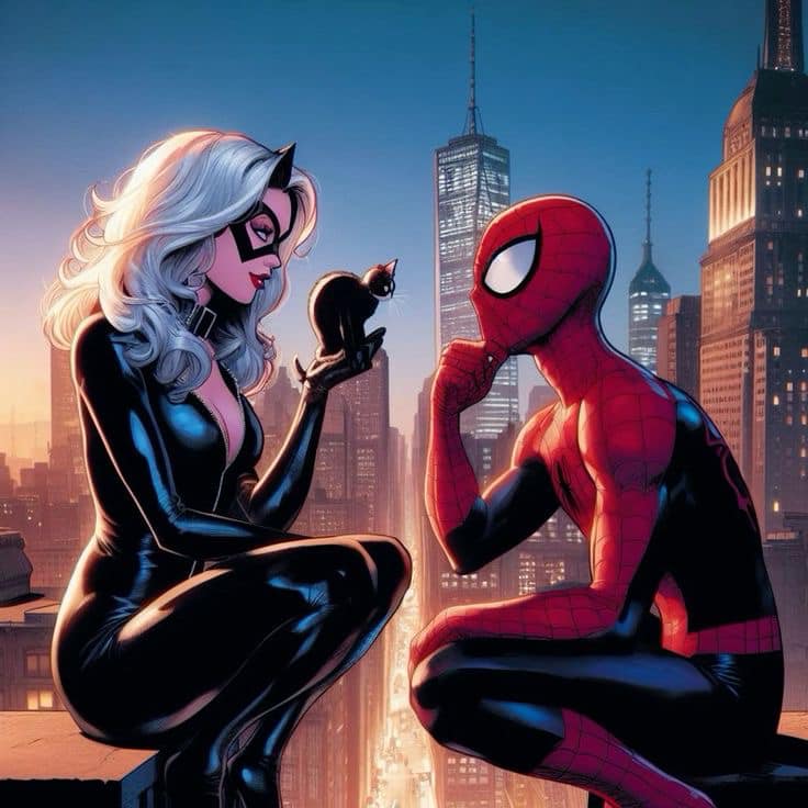 Spiderman Blackcat Cityscape Print Poster