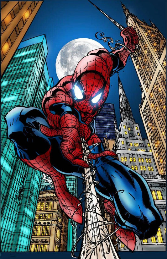 Spiderman City Night Swinging Print Poster