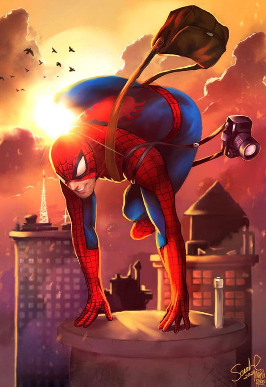 Spiderman Cityscape Sunset Action Print Poster