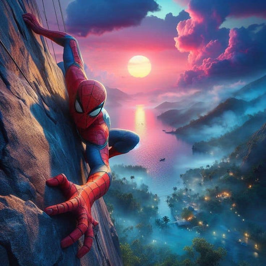 Spiderman Climbing Sunset Over Lake Print Poster