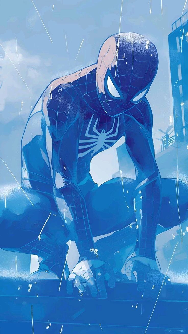 Spiderman Crouching Blue Background Print Poster