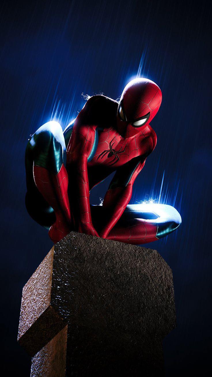 Spiderman Crouching In Rainnight Print Poster