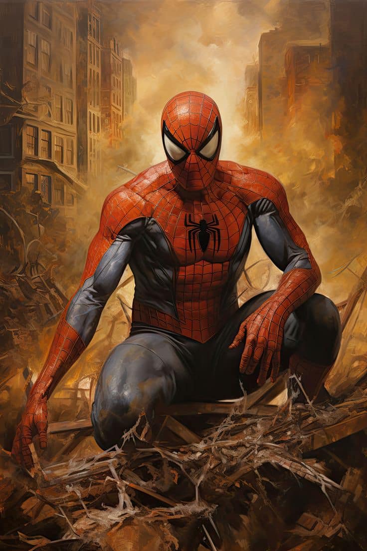 Spiderman Heroic Pose Destroyed City Print Poster