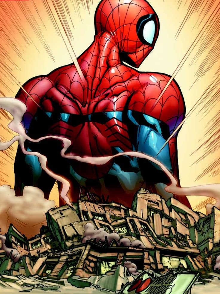 Spiderman Heroic Stance Destroyed Cityscape Print Poster