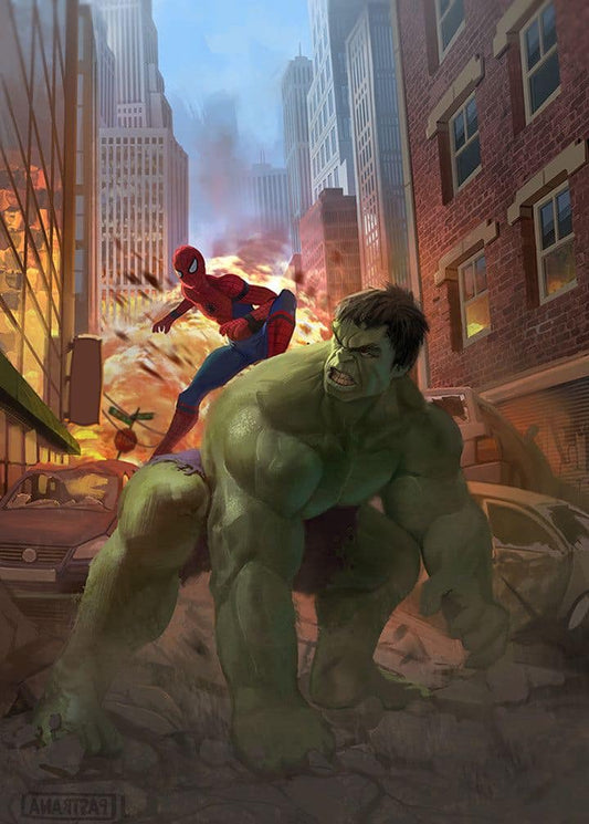 Spiderman Hulk Battle Cityscape Print Poster