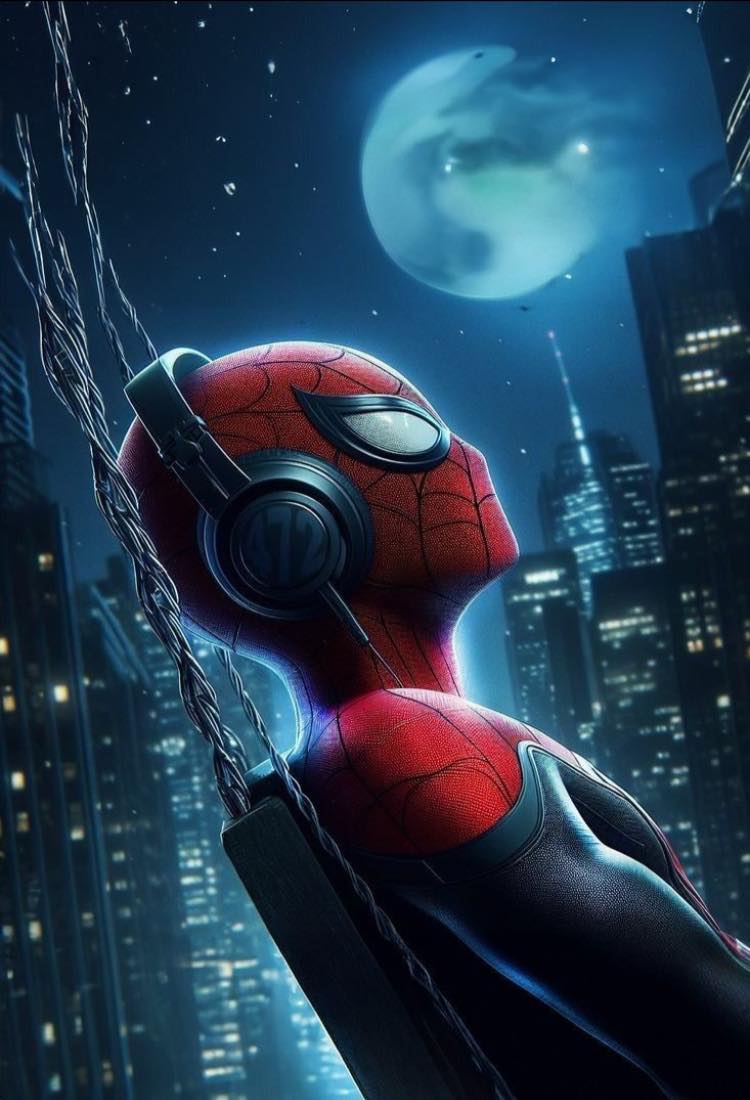 Spiderman Night City Swinging Print Poster