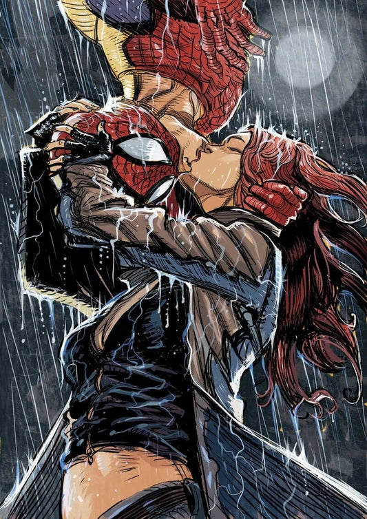 Spiderman Rain Kiss Print Poster