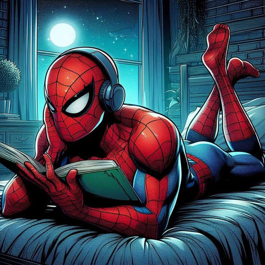 Spiderman Reading At Night Print Poster