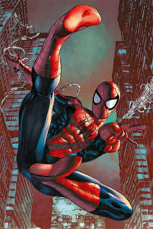 Spiderman Swinging Cityscape Print Poster