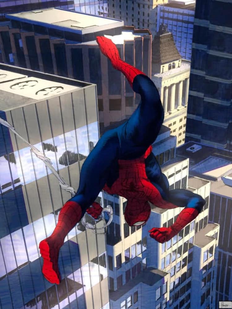 Spiderman Swinging Cityscape (7) Print Poster